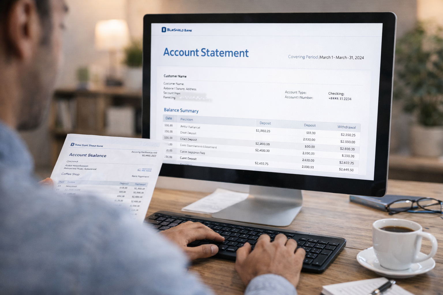 Customer reviewing account information and finances from a desk workspace
