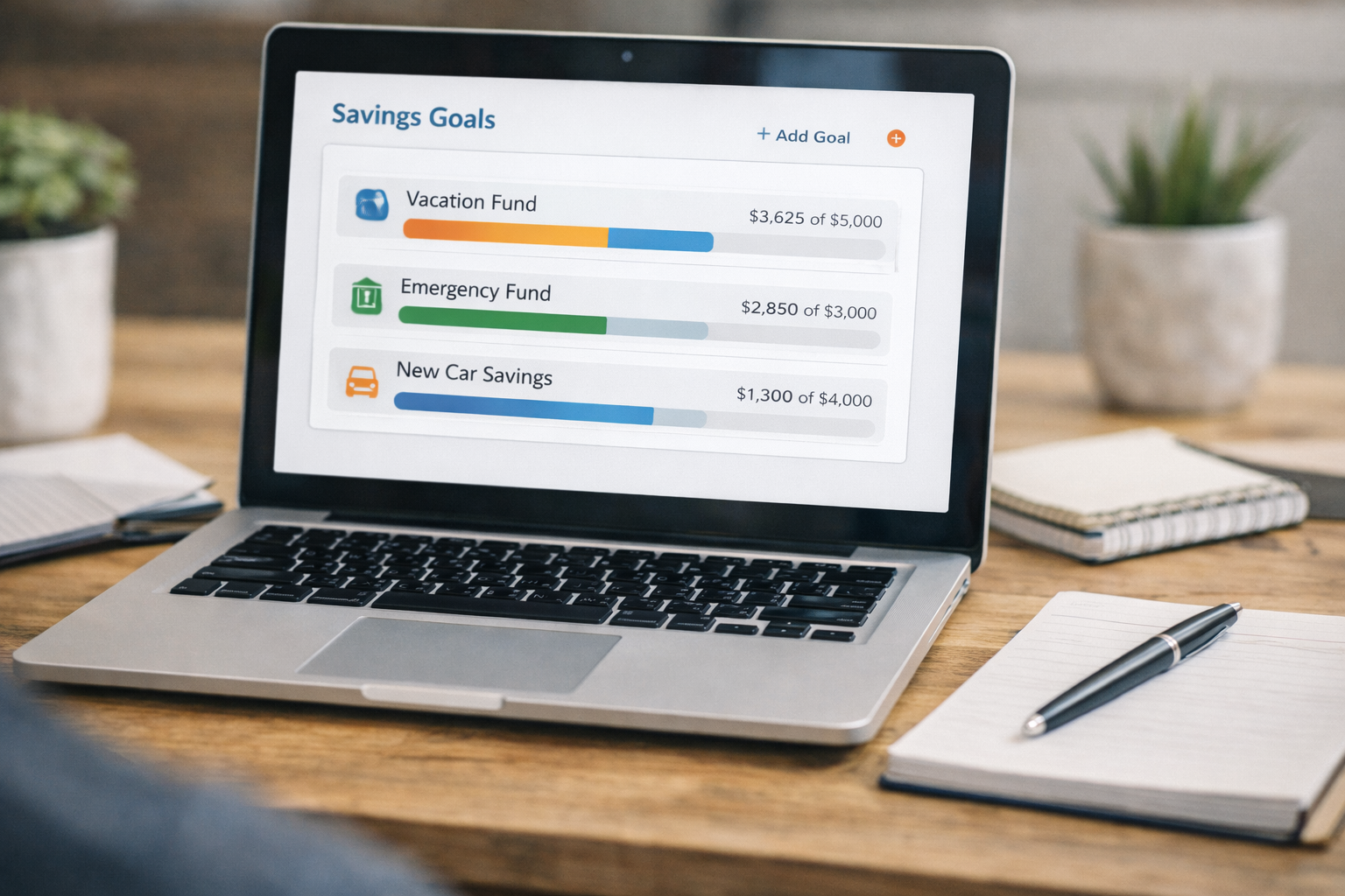 Laptop showing savings goals dashboard for financial planning